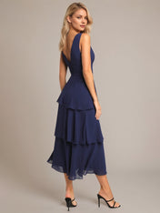 Navy A Line Chiffon V Neck Sleeveless Tea Length Dresses With Ruffles