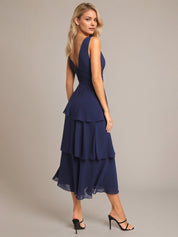 Navy A Line Chiffon V Neck Sleeveless Tea Length Dresses With Ruffles