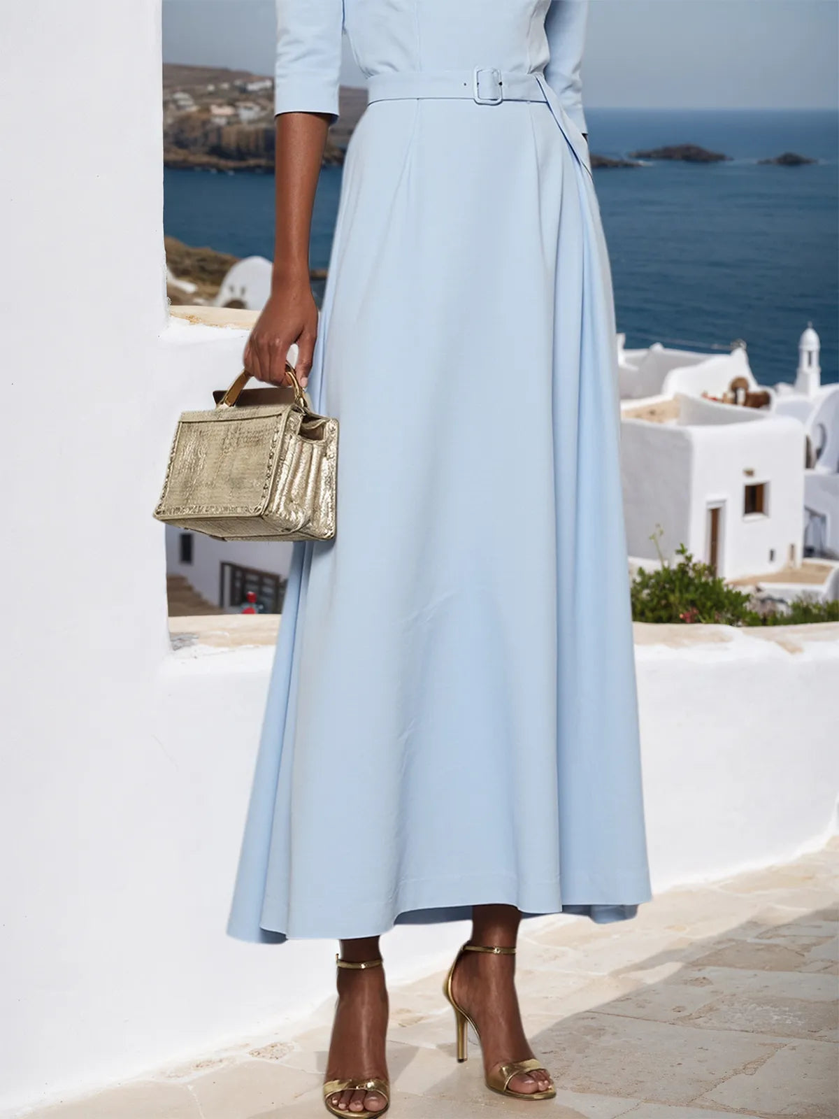 Light Blue Classic Off The Shoulder Half Sleeve A-Line Maxi Dress