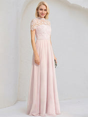 Blushing Pink A-Line High Neck Floor-Length Lace Chiffon Bridesmaid Dresses