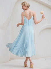 Sky Blue A-Line V-Neck Tea-Length Chiffon Cocktail Dress With Pleated