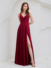 Burgundy A-Line V-Neck Floor-Length Chiffon Bridesmaid Dress