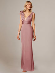 Dusty Rose Satin Sheath/Column V Neck Sleeveless Floor-Length Bridesmaid Dress With Bow