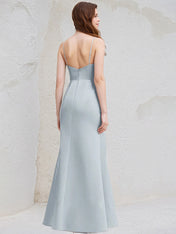 Ice Blue Satin A Line Spaghetti Straps Sleeveless Floor Length Bridesmaid Dress