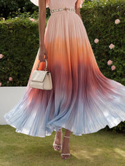 Orange Rhinestone Pleated Chiffon V Neck Sleeveless Ruffle Sleeve A-Line Maxi Dress
