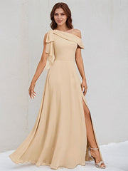 Champagne Chiffon A Line One Shoulder Sleeveless Floor Length Bridesmaid Dress