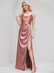 Mauve Satin A Line Spaghetti Straps Sleeveless Floor Length Bridesmaid Dress