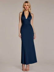 Navy Sheath/Column Satin Halter Neck Sleeveless Ankle Length Dress