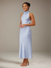 Blue Satin Sheath/Column High Neck Ankle Length Bridesmaid Dresses