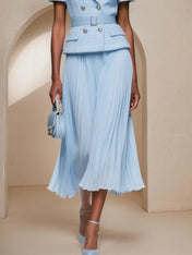 Women Light Blue Tweed Pleated Buckle Lapel Collar Short Sleeve Dressy Top With Skirt Two-Piece Set