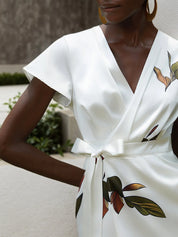 White Printing Satin V Neck Cap Sleeve Sheath Midi Dress