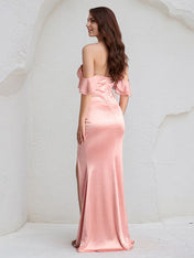 Blush Satin Sheath/Column Off the Shoulder Floor Length Bridesmaid Dress With Ruffle