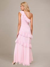Pink Chiffon A Line One Shoulder Sleeveless Floor Length Dress With Ruffles