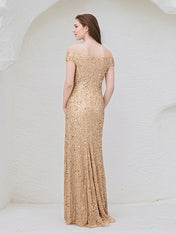 Champagne Chiffon Off the Shoulder Sleeveless Floor Length Dress With Sequins