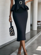 Black Peplum Sweetheart Neckline Puff Sleeve Sheath Midi Dress With Belt