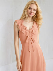 Peach Pink Chiffon A Line V Neck Sleeveless Floor Length Bridesmaid Dress With Ruffle