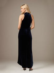 Dark Royal Blue Velvet Halter Neck Sleeveless Asymmetrical Length Dress