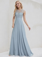 Dusty Blue Chiffon A Line Scoop Sleeveless Floor Length Bridesmaid Dress With Appliques