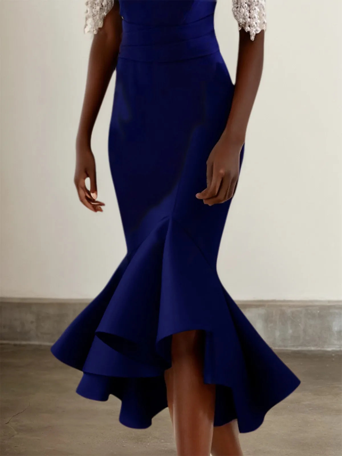 Dark Blue Off The Shoulder Imitation Pearls Mermaid Midi Dress