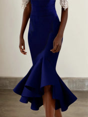 Dark Blue Off The Shoulder Imitation Pearls Mermaid Midi Dress