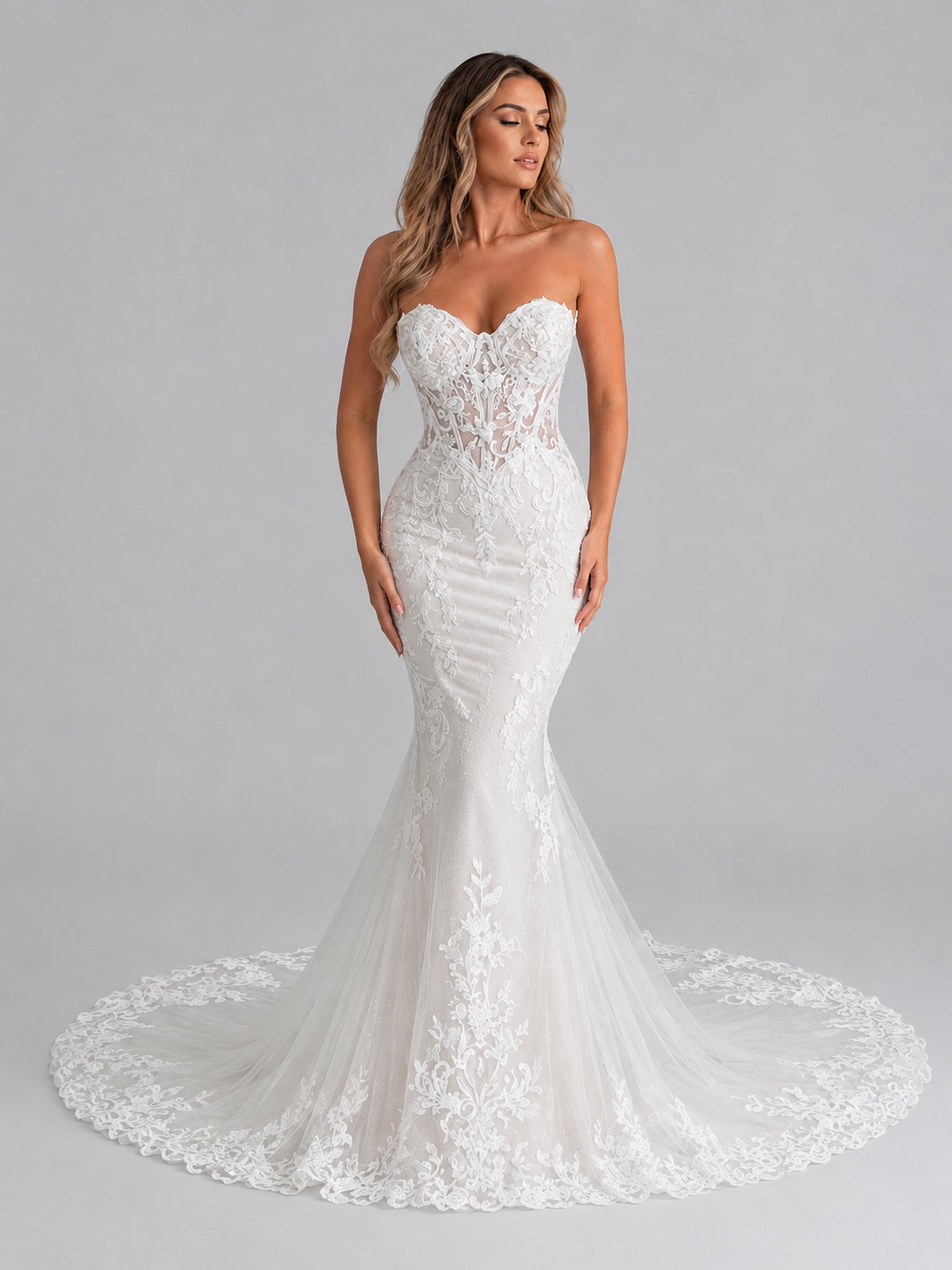 Elegant Strapless Sweetheart Illusion Lace Mermaid Wedding Dress with Cathedral Train