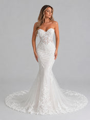 Elegant Strapless Sweetheart Illusion Lace Mermaid Wedding Dress with Cathedral Train