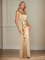 Champagne Satin Sheath/Column One Shoulder Sleeveless Floor Length Mother of the Bride Dresses