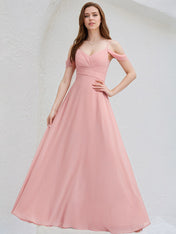Blush Chiffon A Line Spaghetti Straps Cold Shoulder Floor Length Bridesmaid Dress