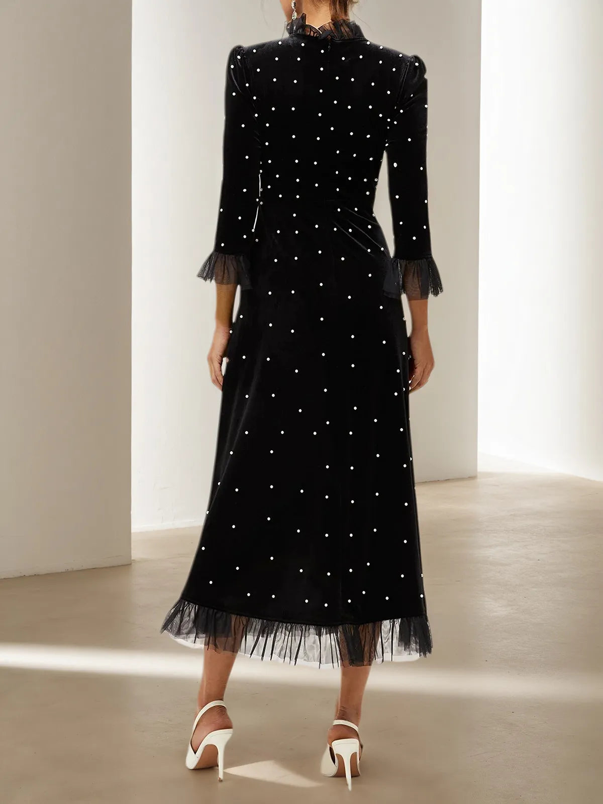 Black Beaded Ruffled Mock Neck Three Quarter Sleeve A-Line Maxi Velvet Dress