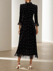 Black Beaded Ruffled Mock Neck Three Quarter Sleeve A-Line Maxi Velvet Dress