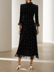 Black Beaded Ruffled Mock Neck Three Quarter Sleeve A-Line Maxi Velvet Dress