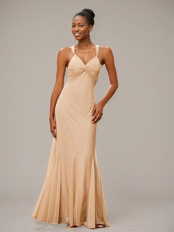 Champagne Trumpet/Mermaid Chiffon V Neck Sleeveless Floor-Length Bridesmaid Dresses