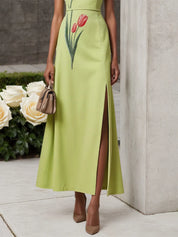 Green Embroidery Slit Classic Crew Neck Sleeveless A-Line Maxi Dress