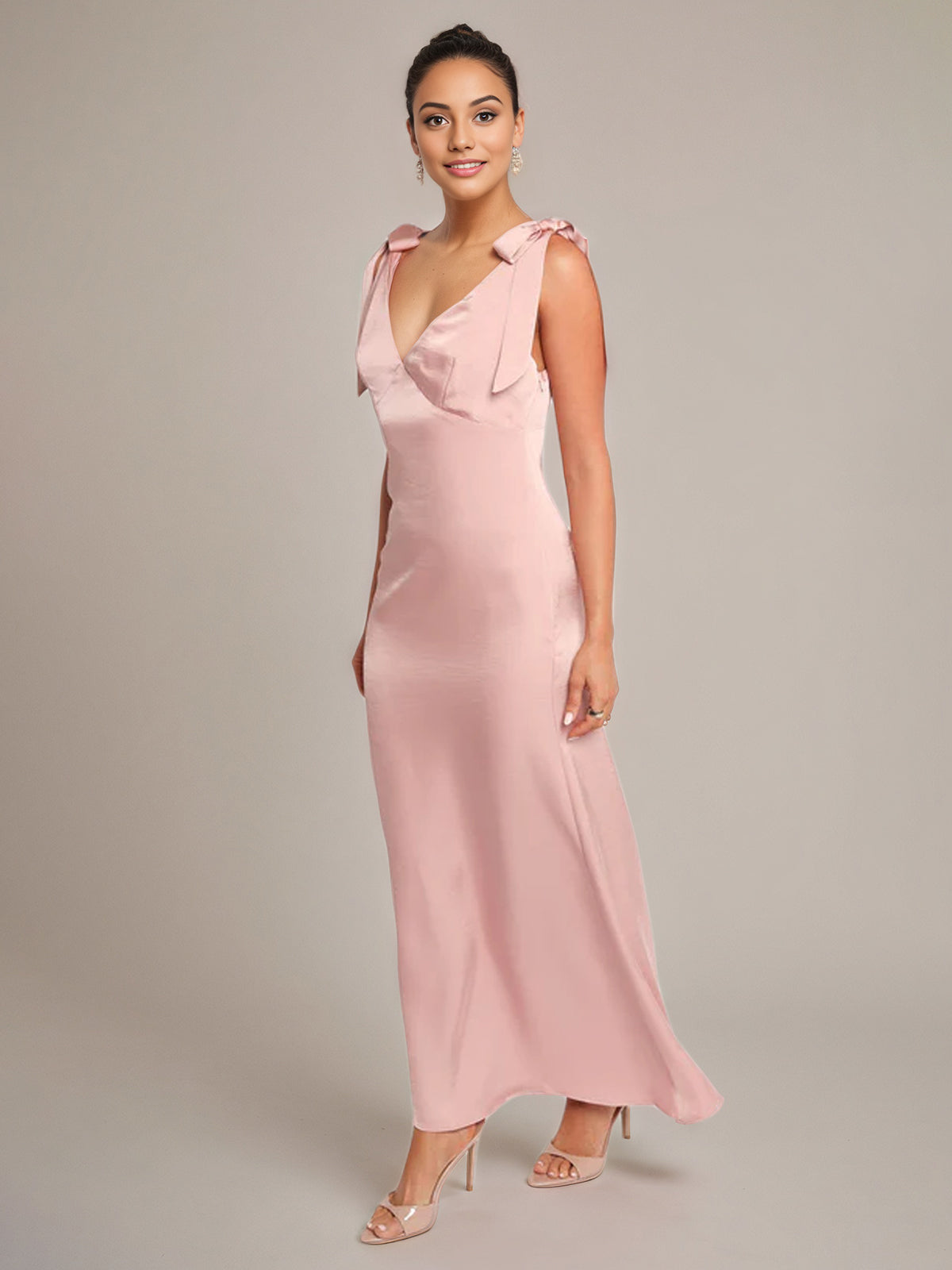 Pink Satin A Line V Neck Sleeveless Floor Length Bridesmaid Dress With Bow