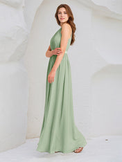 Sage Chiffon A Line Halter Neck Sleeveless Floor Length Bridesmaid Dress