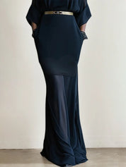 Black Split Joint Chiffon Boat Neck Half Sleeve Mermaid Maxi Dress