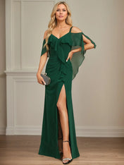 Sheath/Column Cold Shoulder V-Neck Floor-Length Chiffon Dress With Cascading Ruffles Sequins Beading
