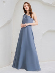 Navy Blue A-Line One Shoulder Floor-Length Chiffon Bridesmaid Dress With Bow