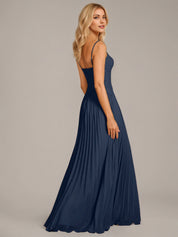 Navy A Line Chiffon Spaghetti Straps Sleeveless Floor Length Dresses