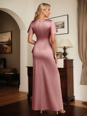 Sheath/Column Satin V Neck Short Sleeves Floor Length Dress