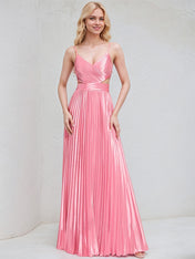 Peony Satin A Line Spaghetti Straps Sleeveless Floor Length Bridesmaid Dress