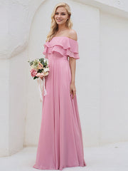 Peony Chiffon A Line Off The Shoulder Sleeveless Floor Length Bridesmaid Dress