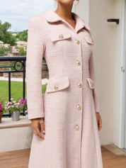 Pink Buckle Tweed Pointed Collar Long Sleeve A-Line Midi Dress