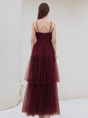 A Line Burgundy Tulle Spaghetti Straps Sleeveless Floor Length Dress