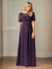 A Line Chiffon Scoop Neck Short Sleeves Floor Length Dress