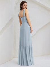 Ice Blue Sheath/Column Chiffon Spaghetti Straps Sleeveless Floor Length Bridesmaid Dresses