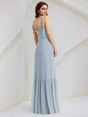 Ice Blue Sheath/Column Chiffon Spaghetti Straps Sleeveless Floor Length Bridesmaid Dresses