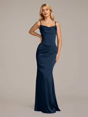 Navy Sheath/Column Satin Off The Shoulder Sleeveless Floor Length Dress