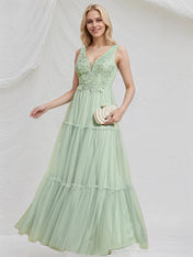 Mint Green Tulle A Line V Neck Sleeveless Floor Length Bridesmaid Dress with Applique