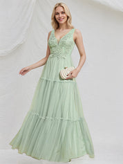 Mint Green Tulle A Line V Neck Sleeveless Floor Length Bridesmaid Dress with Applique